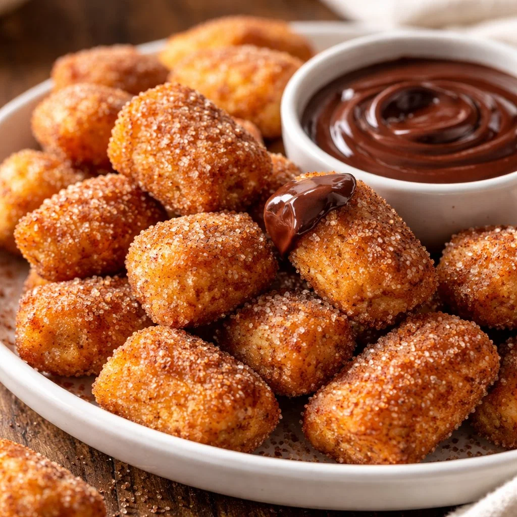 Healthy air fryer churro bites served on a plate with cinnamon sugar.