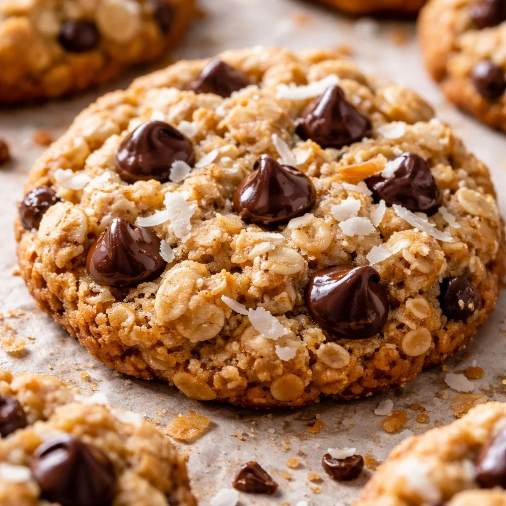 Healthy oatmeal coconut chocolate chip cookies on a plate