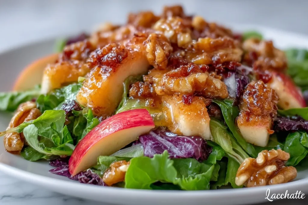 Honey Crisp Apple Salad with candied walnuts and cider vinaigrette in a bowl