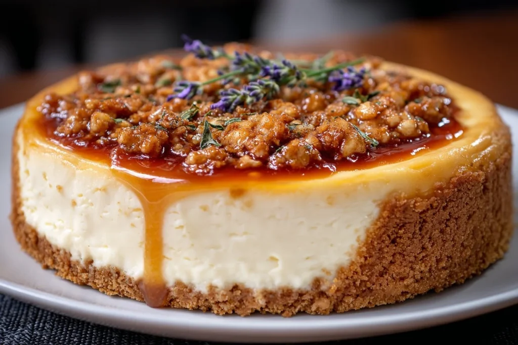 Delicious Honey Lavender Cheesecake topped with lavender sprigs and honey drizzle.