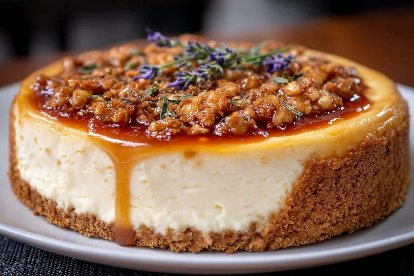 Delicious Honey Lavender Cheesecake topped with lavender sprigs and honey drizzle.