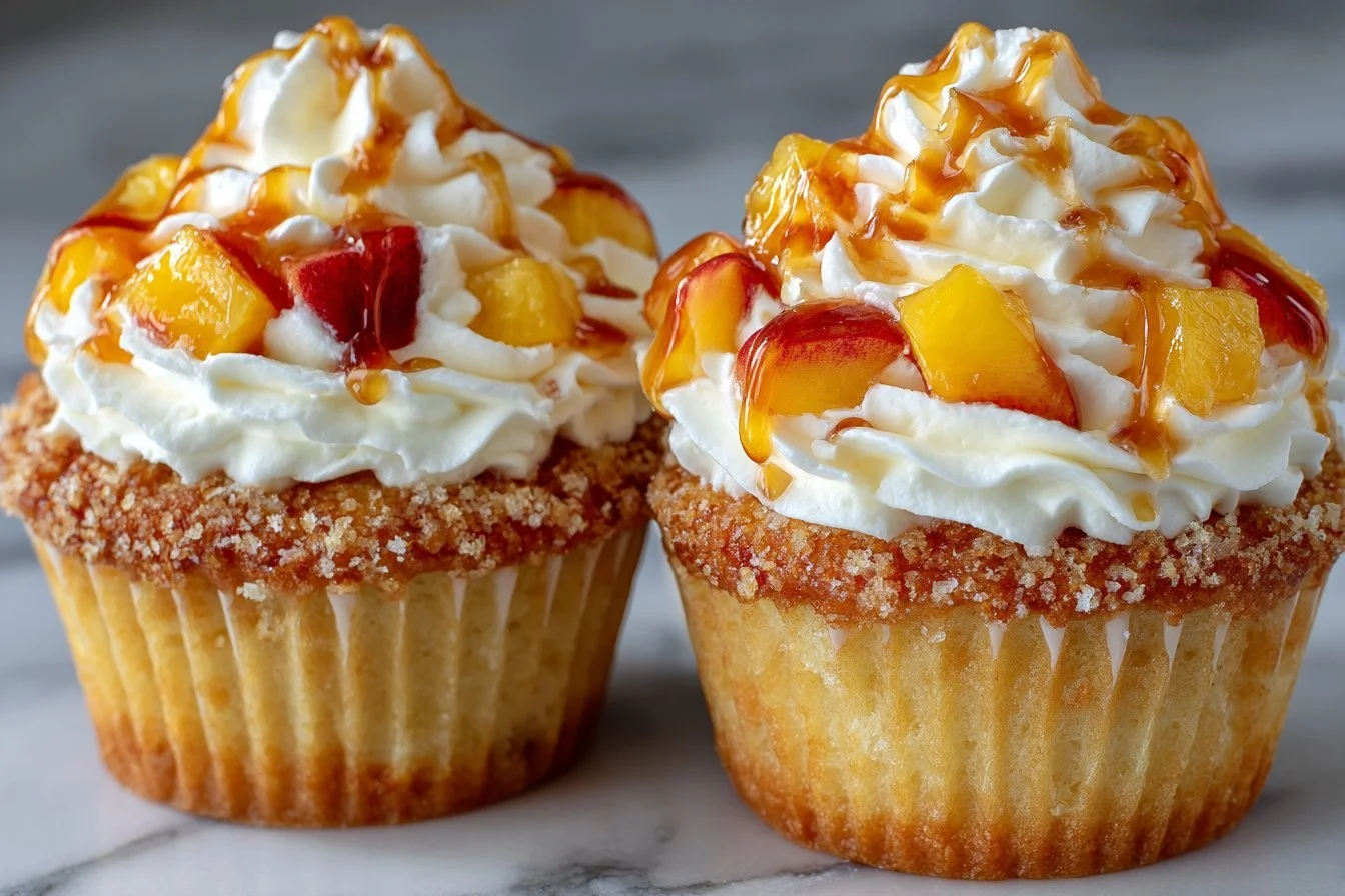 Honey Peach Cream Cheese Cupcakes topped with fresh peaches and cream cheese frosting