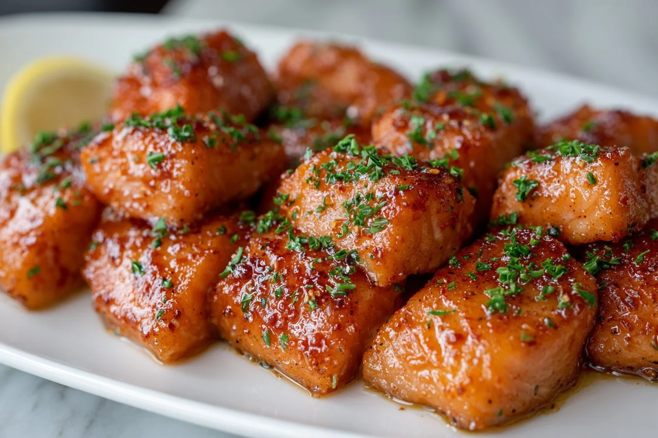 Delicious hot honey salmon bites served as a savory appetizer.