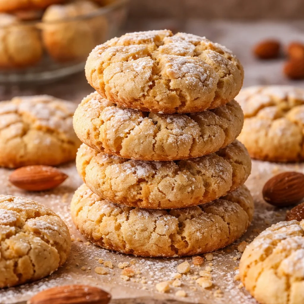 Plate of freshly baked Italian Almond Cookies with almonds and sugar on top