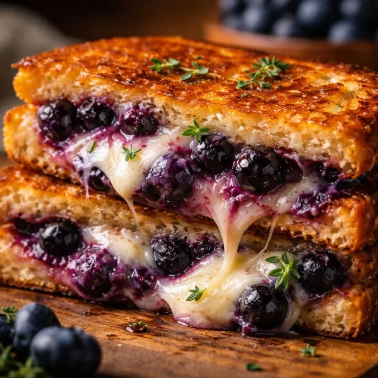 Juicy blueberry grilled cheese sandwich with melted cheese and fresh blueberries