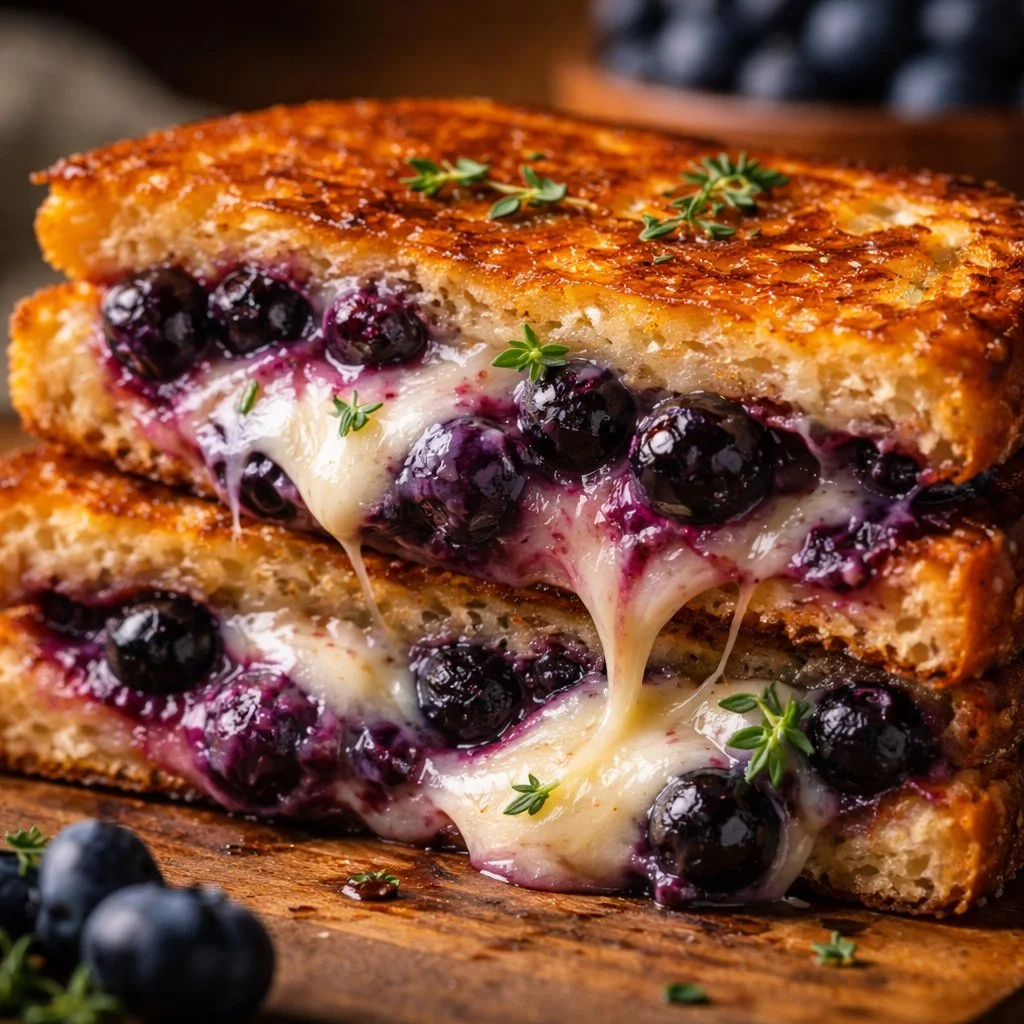 Juicy blueberry grilled cheese sandwich with melted cheese and fresh blueberries
