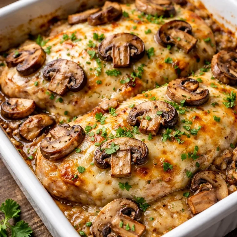 Keto Garlic Mushroom Chicken Casserole served in a dish with garnishes