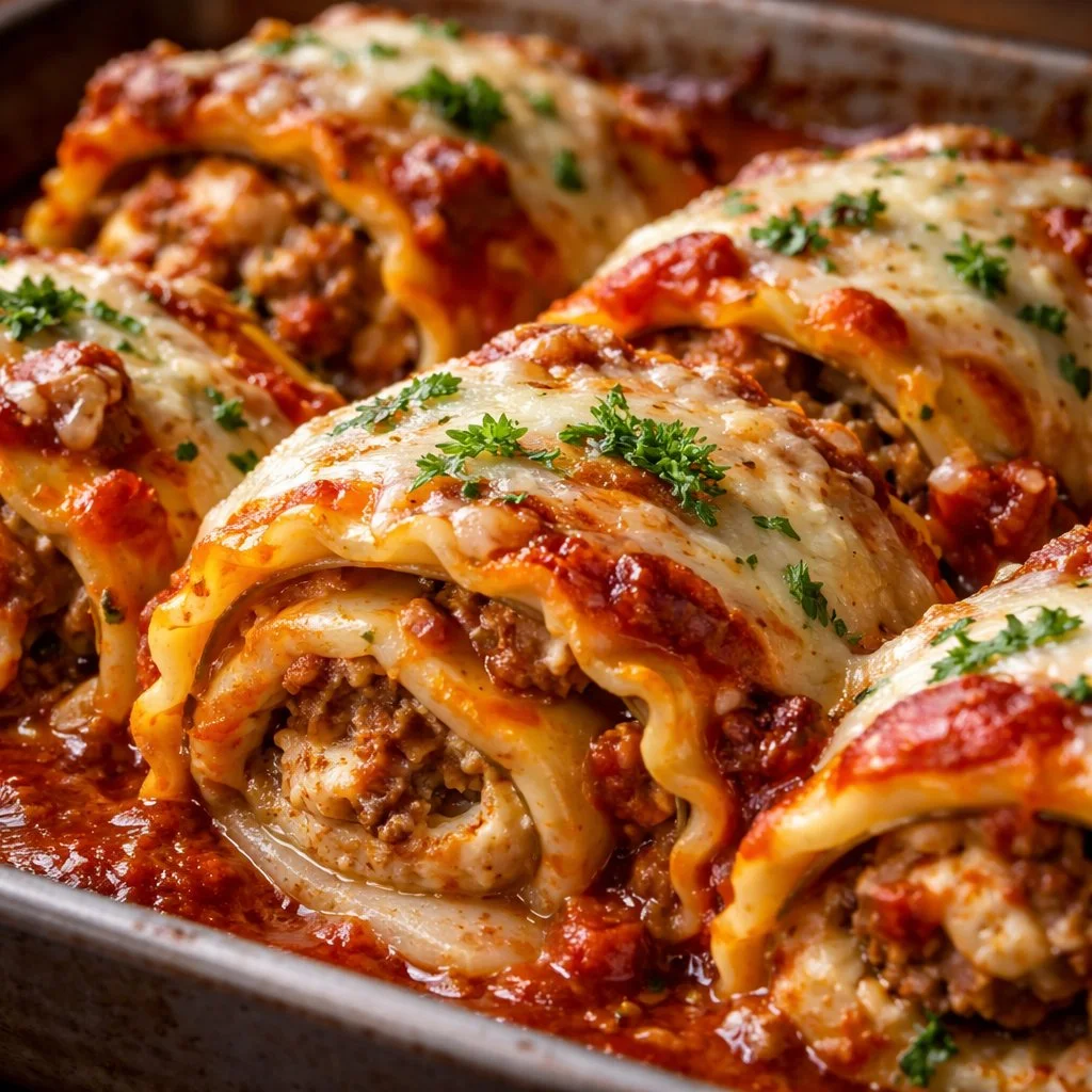 Delicious lasagna roll ups filled with cheese and sauce, ready to enjoy.
