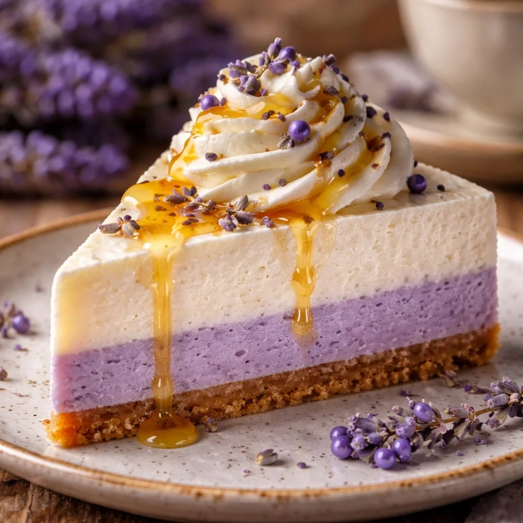 Lavender Earl Grey Cheesecake topped with edible flowers and a slice removed.