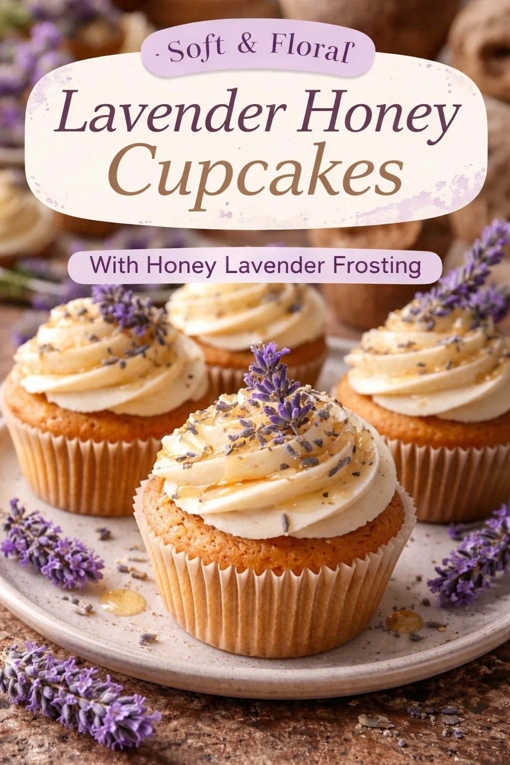Lavender Honey Cupcakes topped with lavender sprigs and honey drizzle