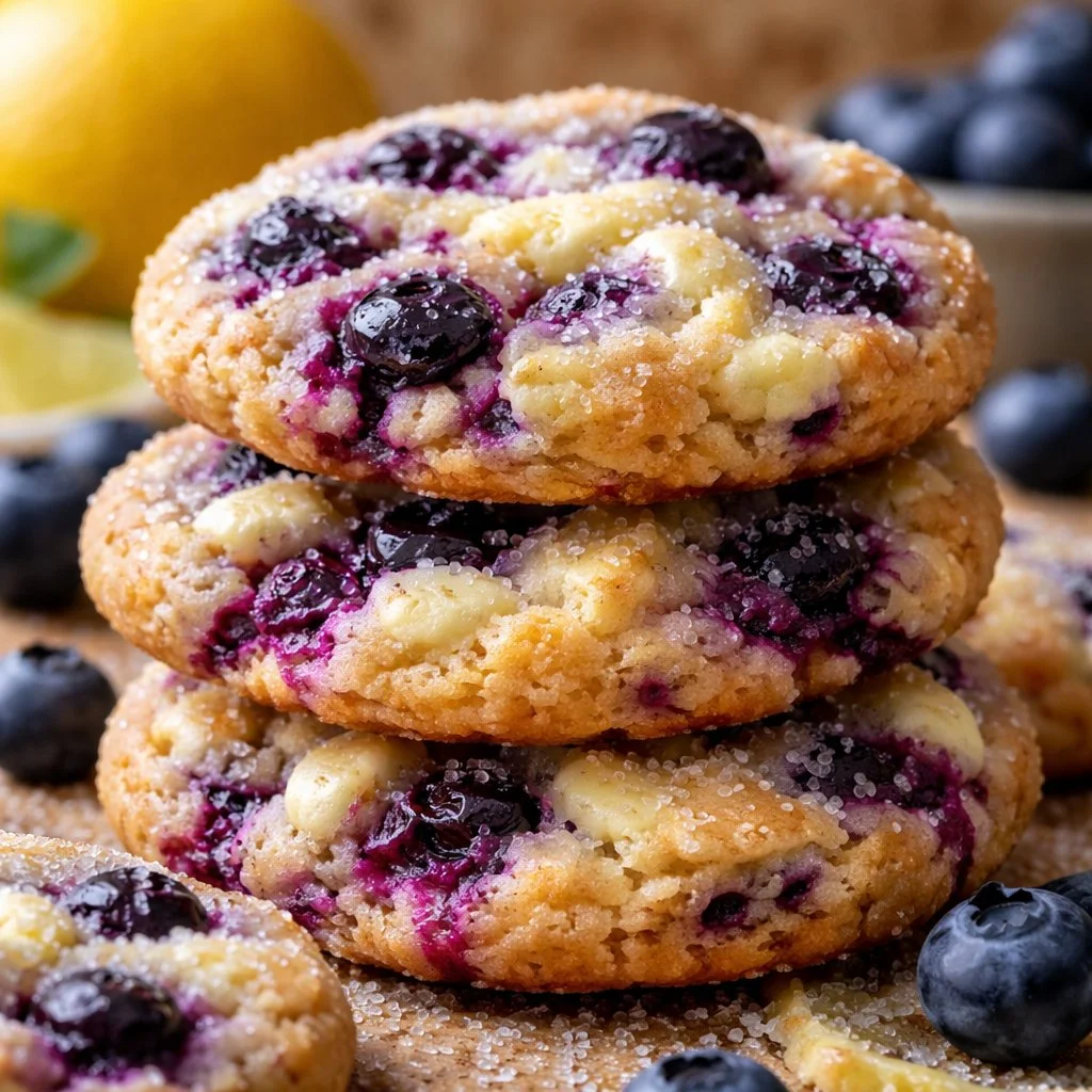 Lemon blueberry cheesecake cookies on a baking tray