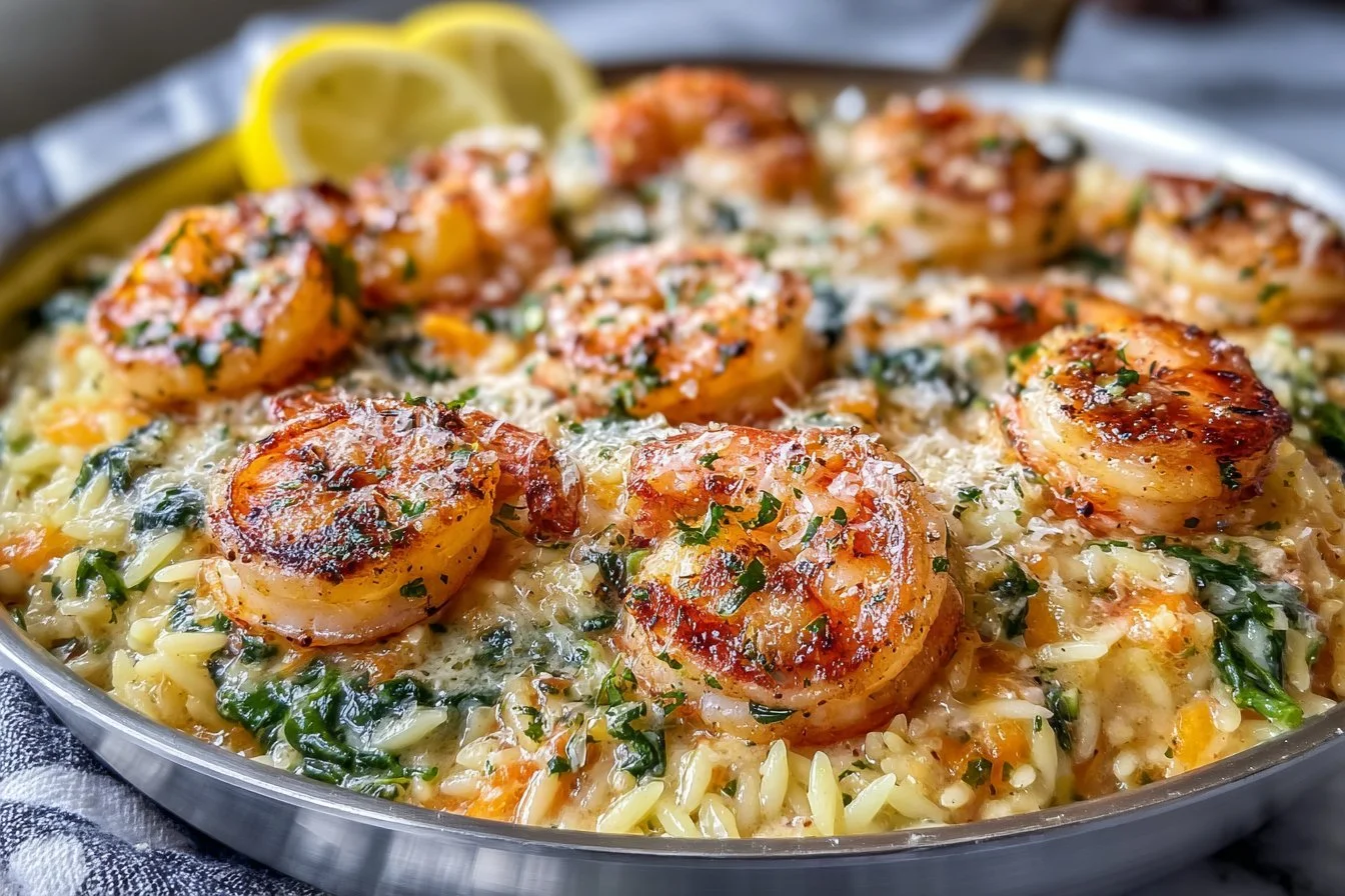 Plate of lemon garlic shrimp served with spinach orzo
