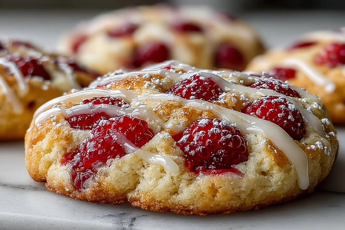 Lemon Raspberry Dream Cookies on a plate with a lemon slice and raspberries