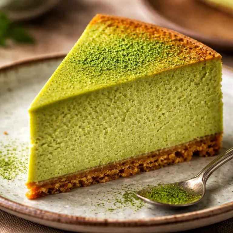 Slice of Matcha Japanese Cheesecake topped with matcha powder and berries