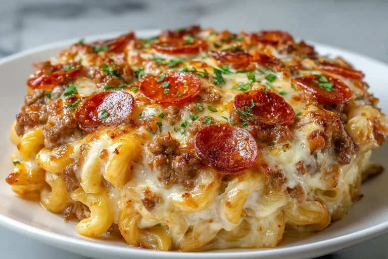 Hearty Meat Lovers Pizza Casserole topped with various meats and cheese