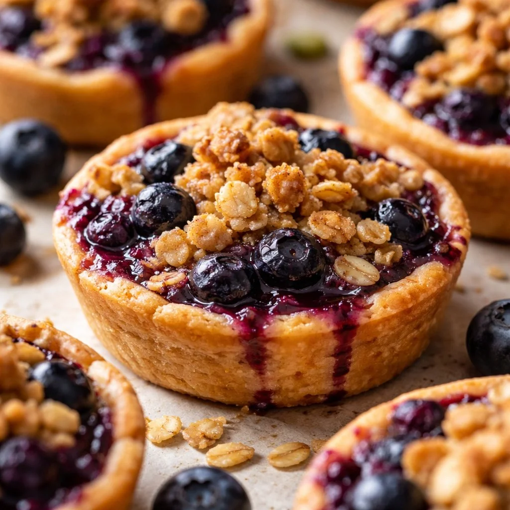 Mini blueberry crumble dessert with fresh blueberries and crumble topping