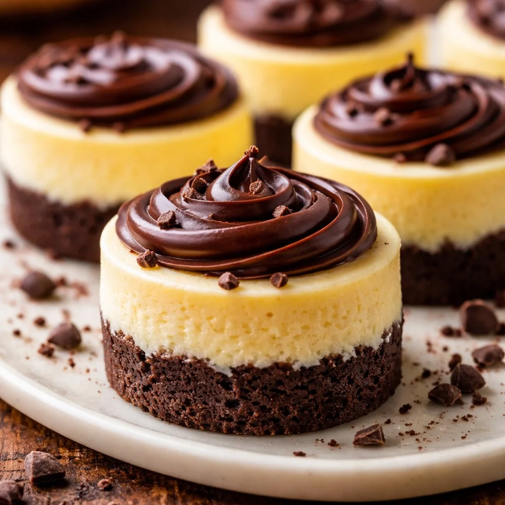 Mini Brownie Bottom Cheesecakes with rich chocolate brownie base and creamy topping