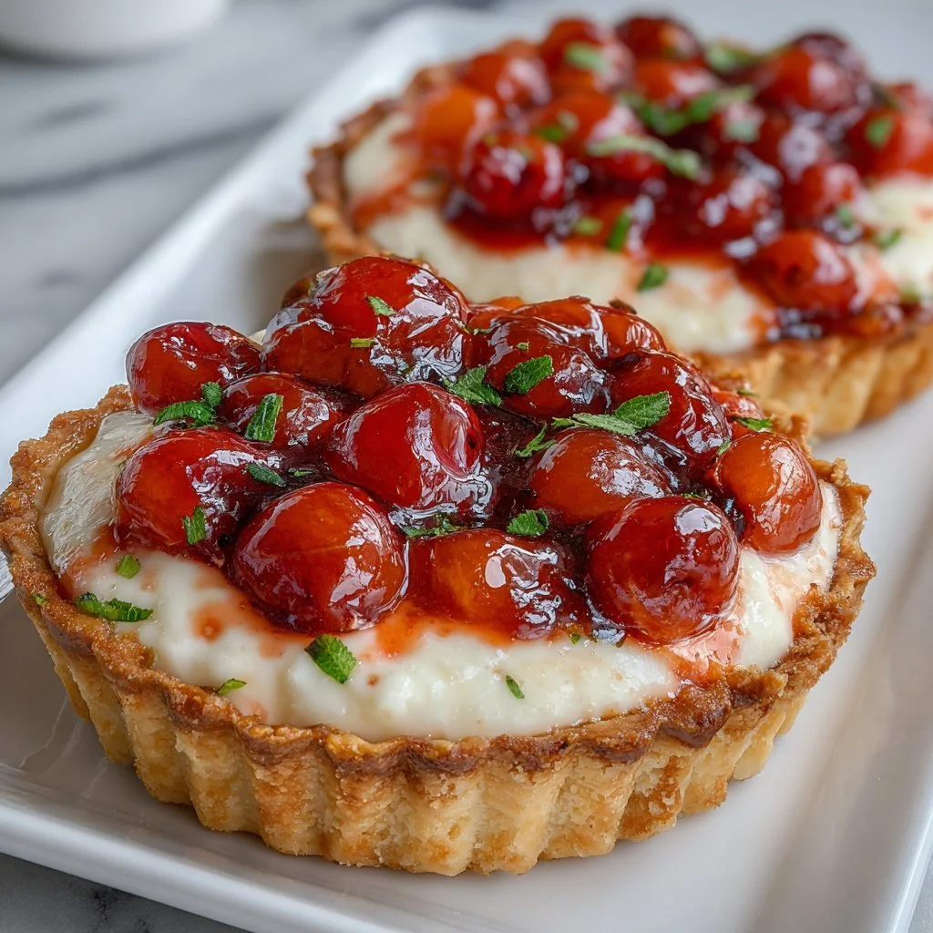 Mini cherry cream cheese pies on a white plate