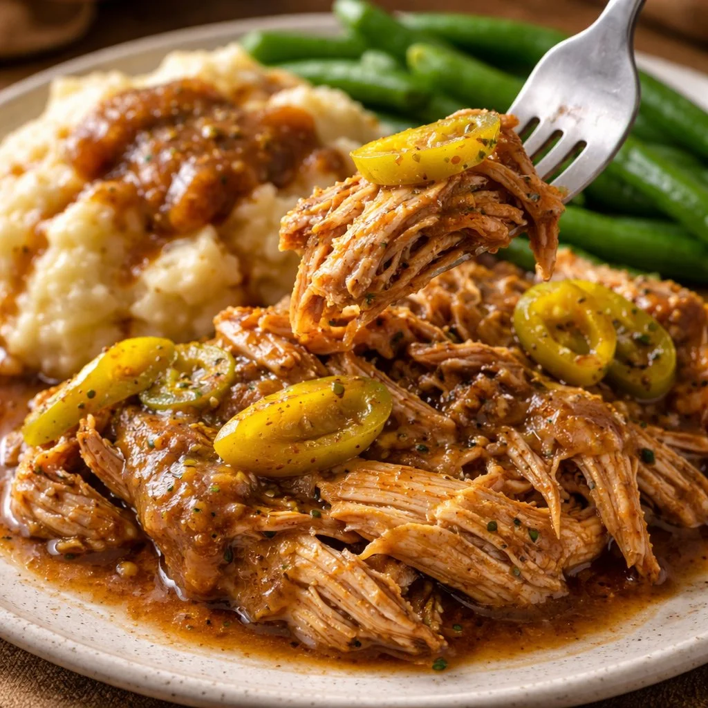 Delicious plate of Mississippi Chicken with spices and herbs