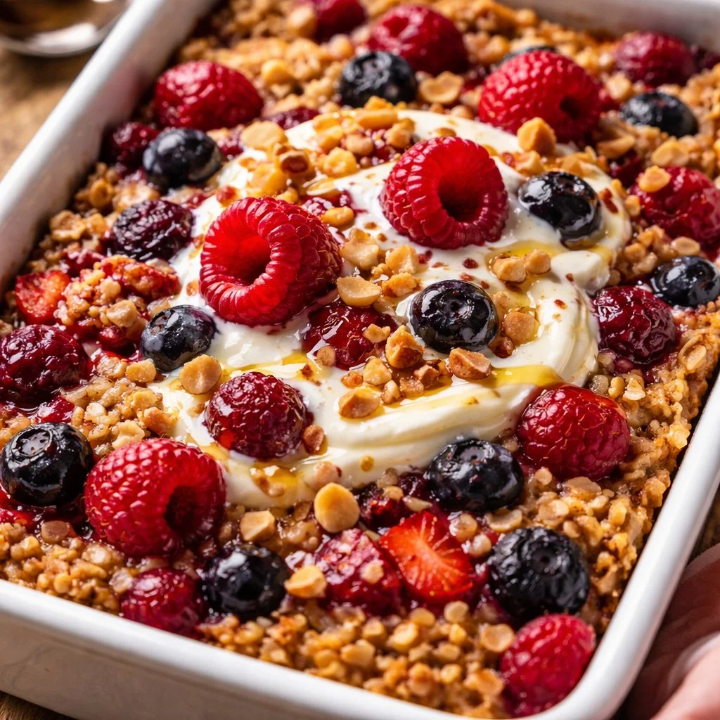 Baked oatmeal with mixed berries in a baking dish
