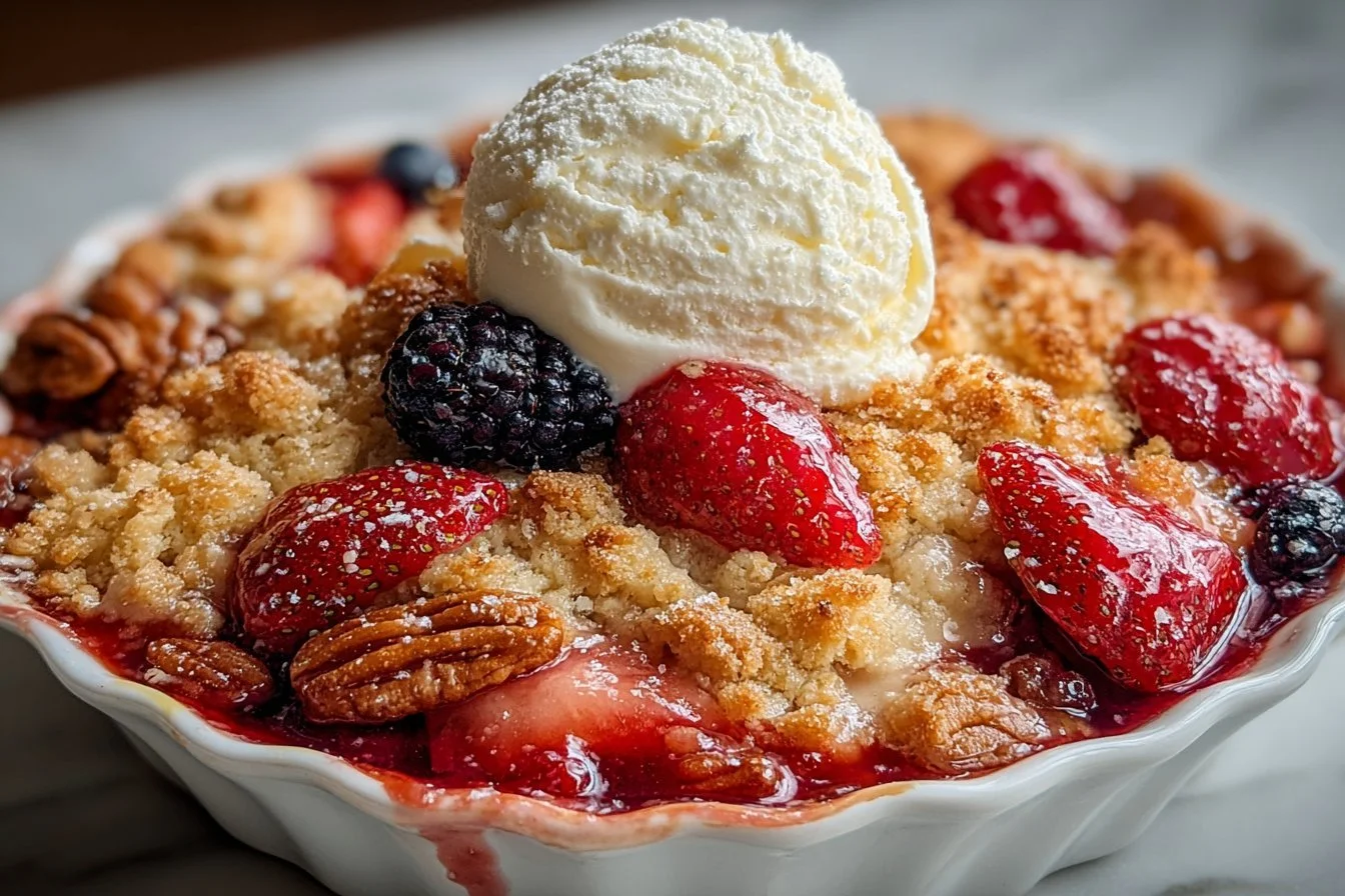 Delicious mixed berry crumble dessert topped with oats and sugar