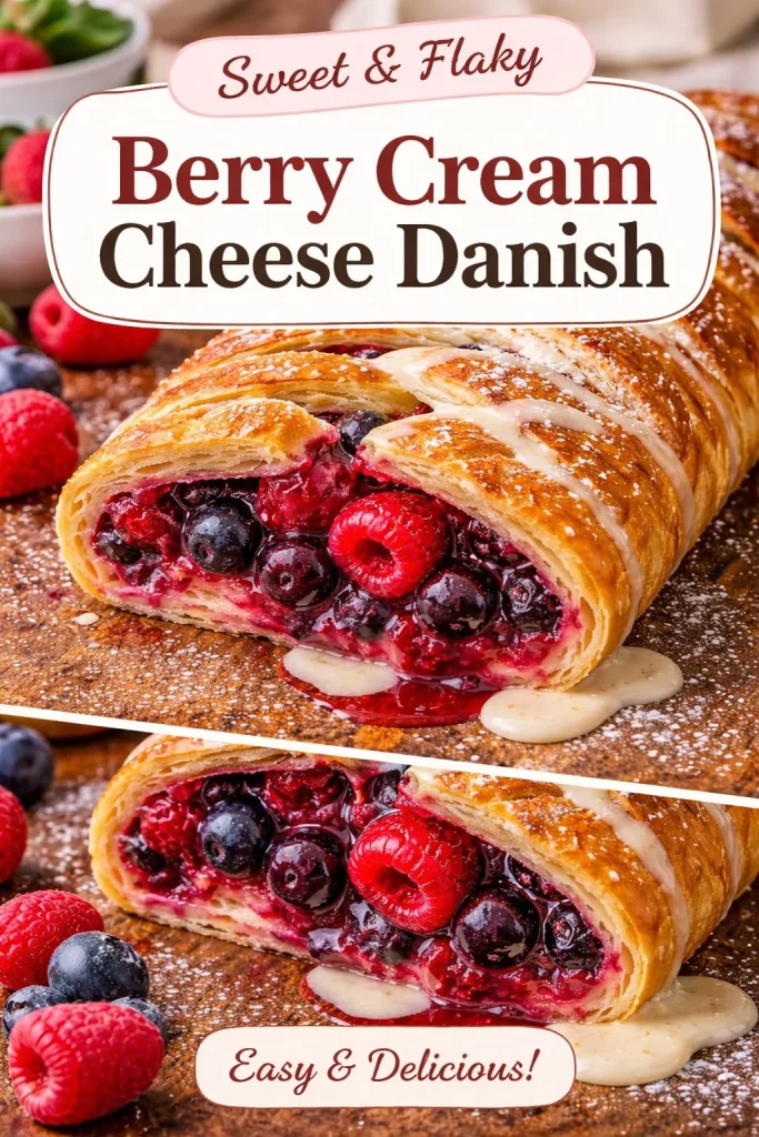 Freshly baked mixed berry strudel with a golden flaky crust and vibrant berry filling