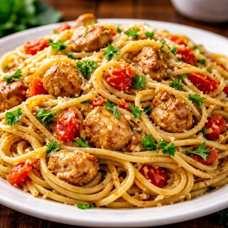 Delicious Monterey Chicken Spaghetti served with fresh herbs and vegetables.