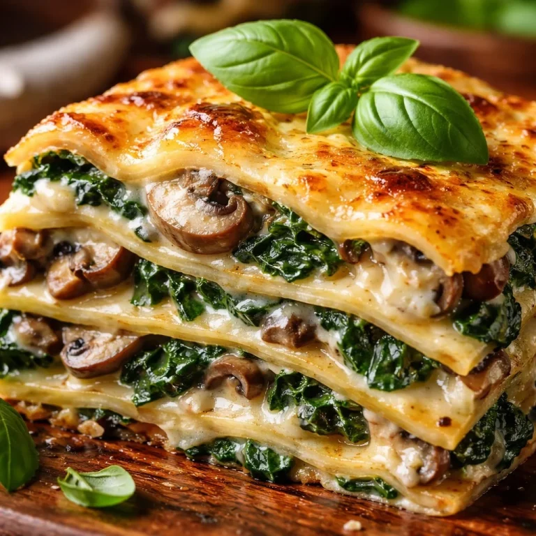 Delicious mushroom and spinach lasagna baked to perfection with cheese