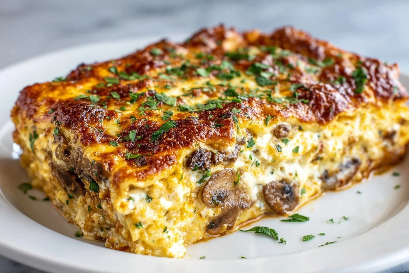 Delicious homemade Mushroom Lasagna with layers of cheese and mushrooms