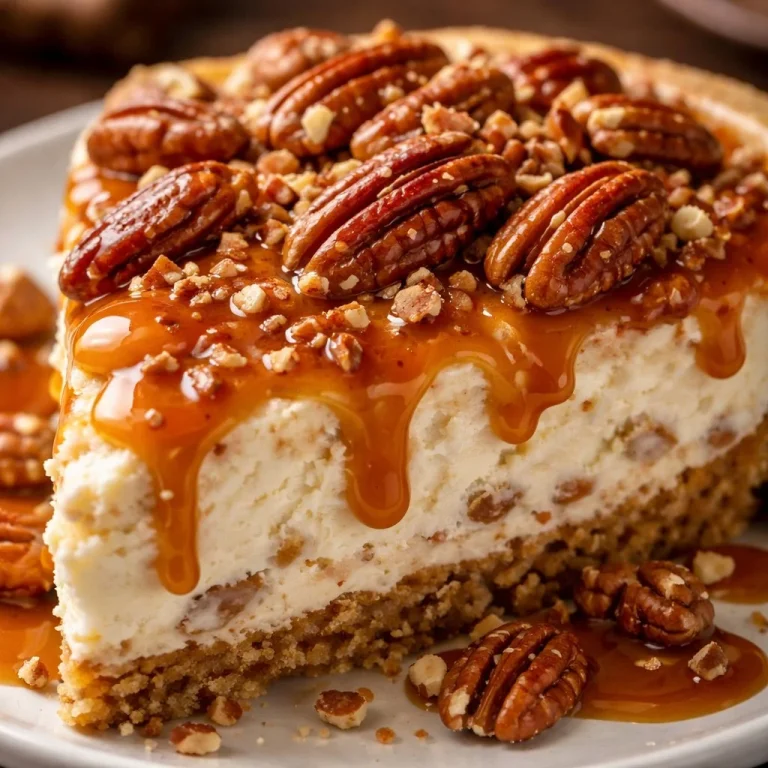 No-Bake Caramel Pecan Cream Pie topped with pecans and caramel sauce