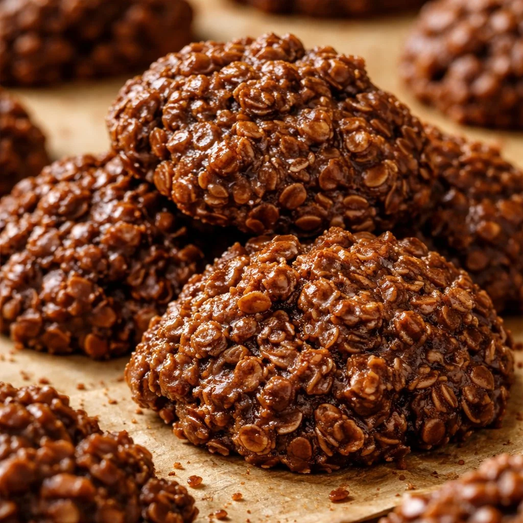 No-bake chocolate oatmeal coconut cookies on a plate, ready to enjoy.