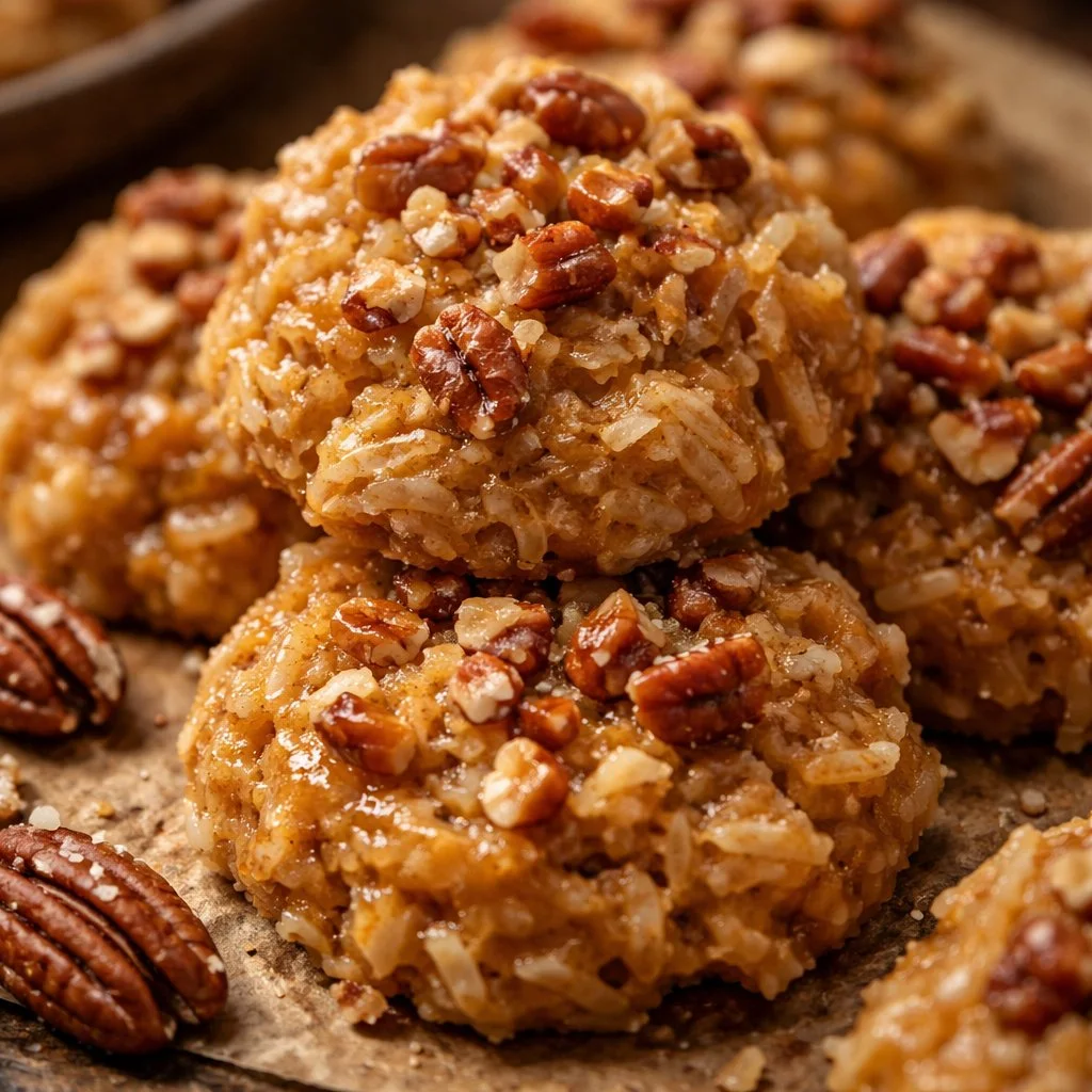 No-bake Coconut Pecan Praline Cookies arranged on a plate