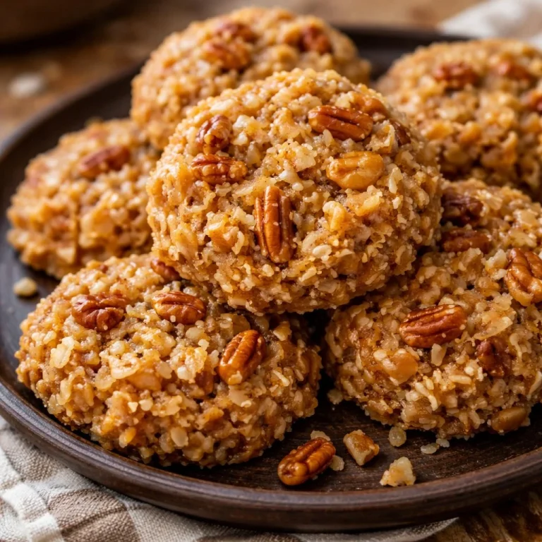 No bake coconut pecan praline cookies on a plate