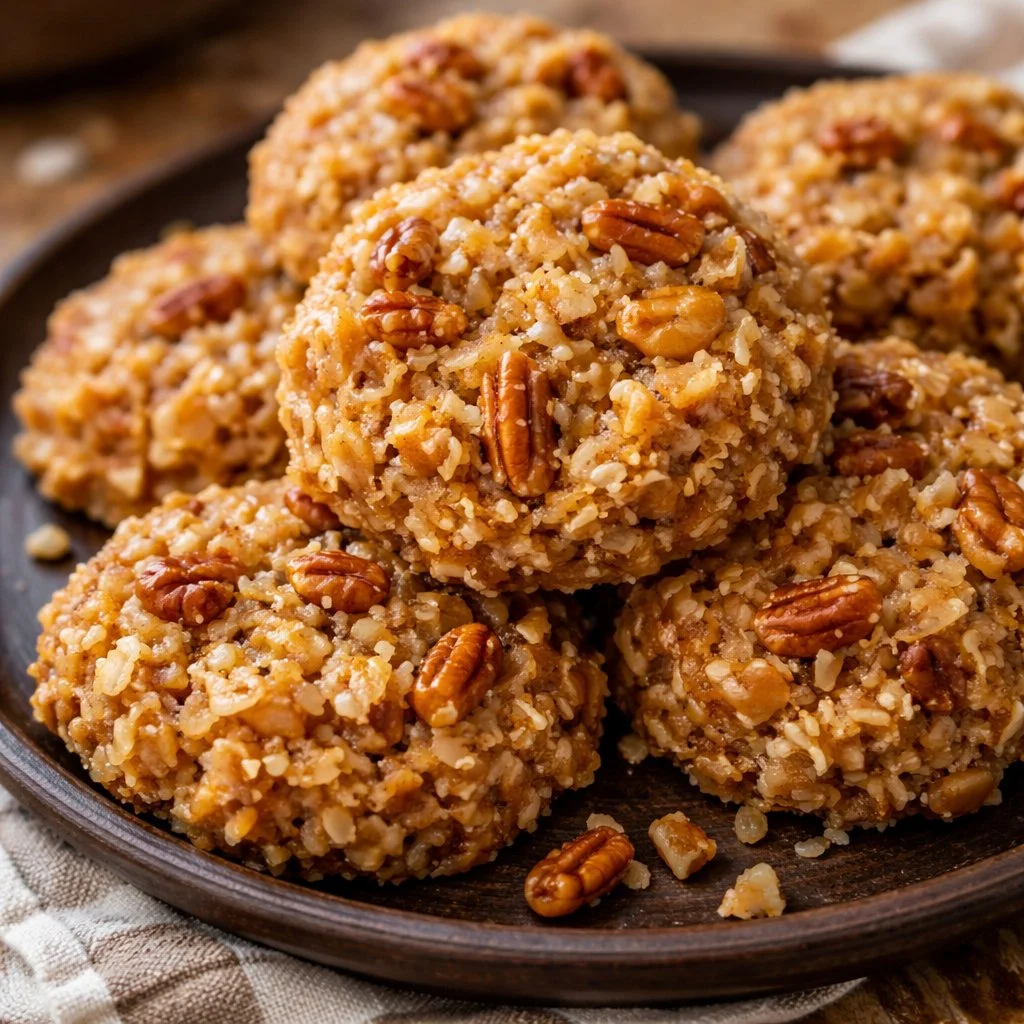 No bake coconut pecan praline cookies on a plate