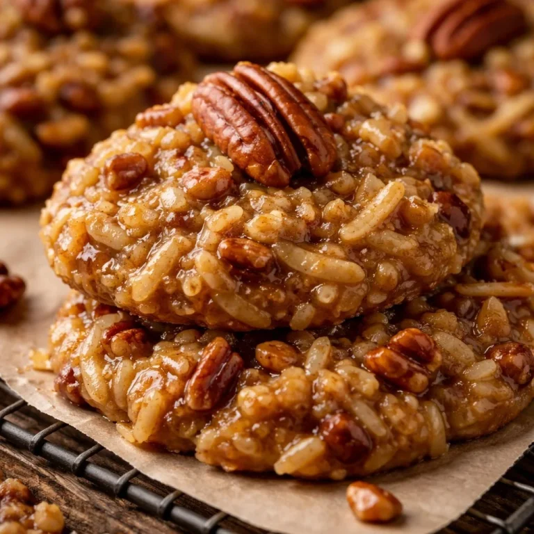 No-Bake Pecan-Coconut Praline Cookies arranged on a plate