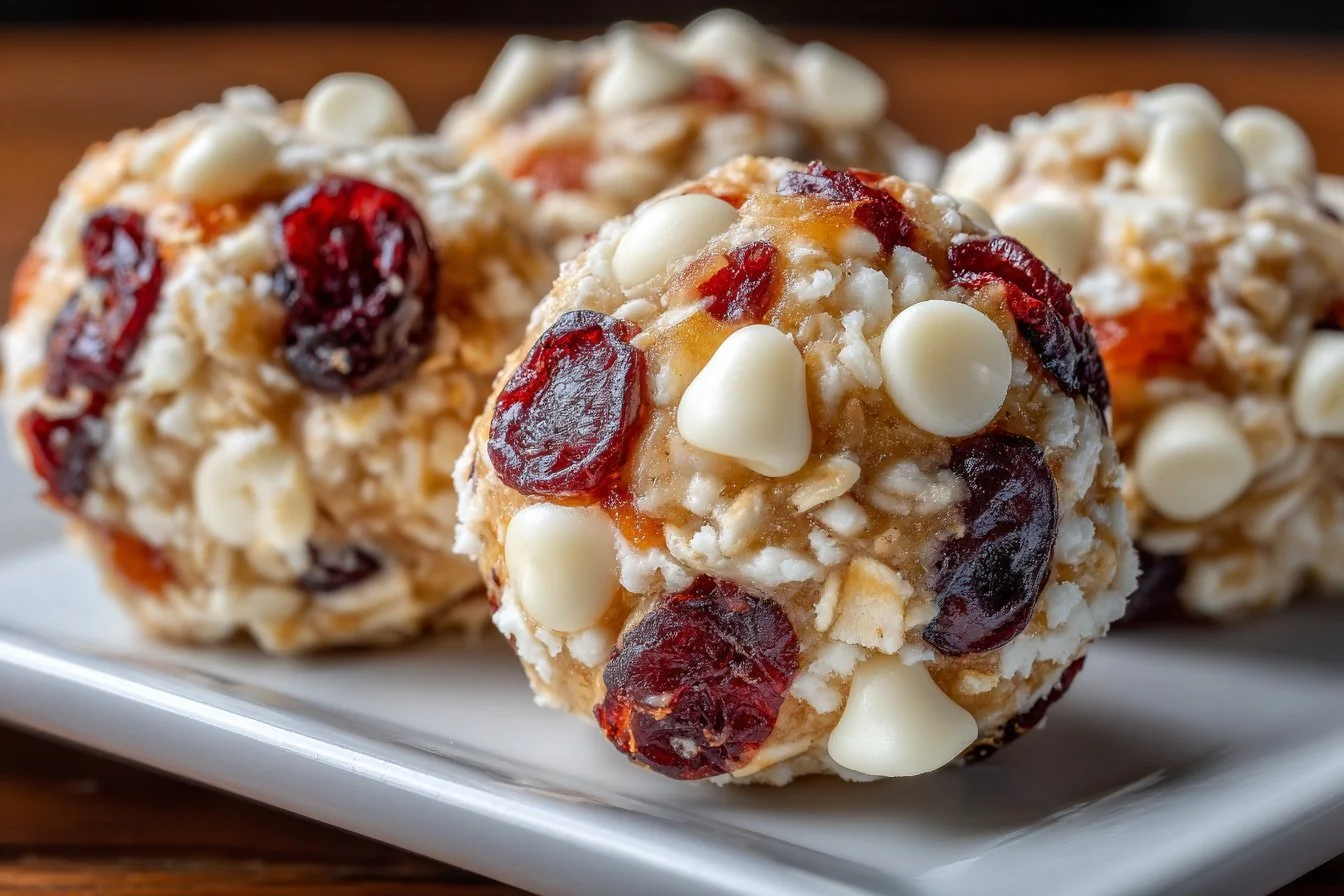 Delicious no-bake white chocolate cranberry oat clusters on a white plate