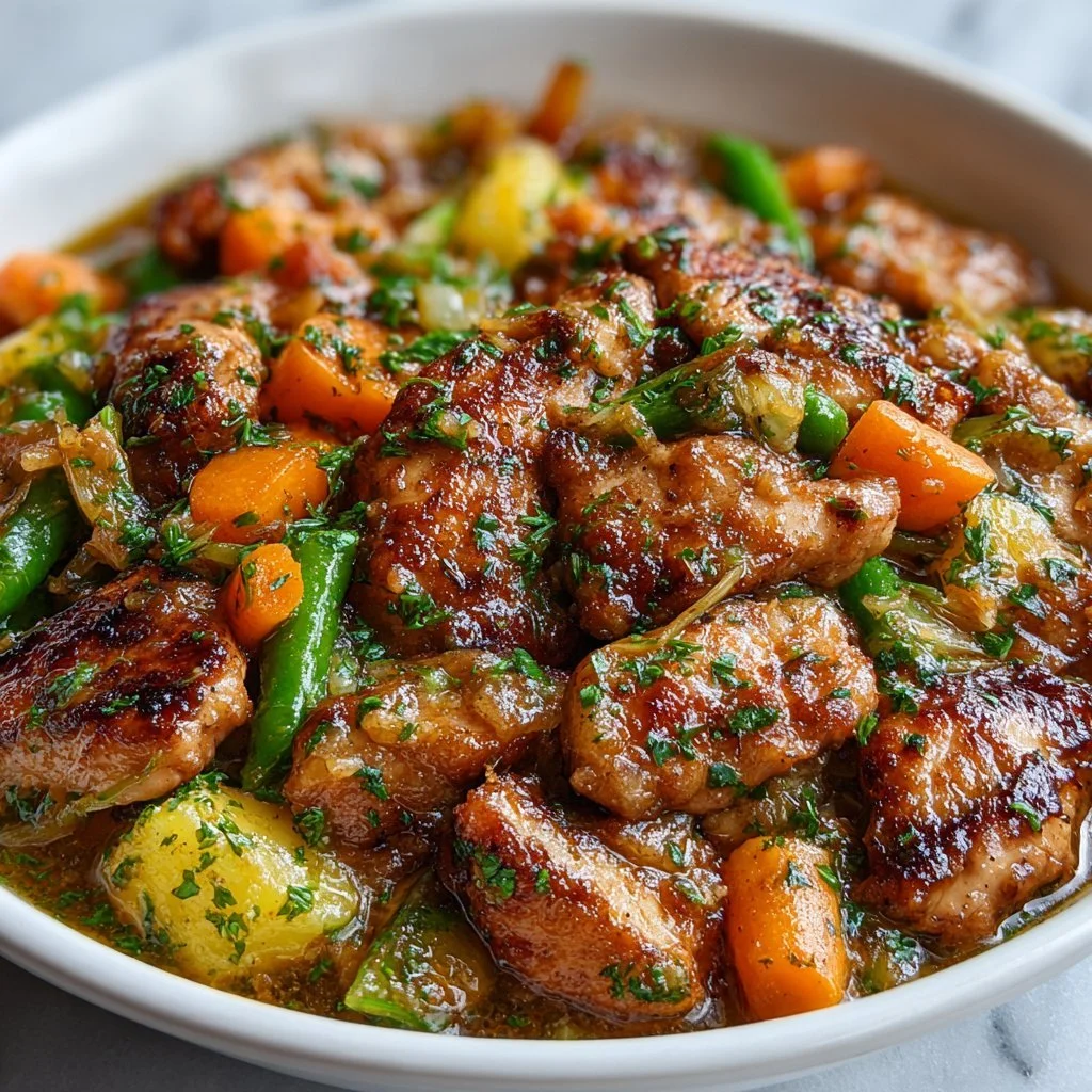 No-Fuss Chicken Dump Recipe with cooked chicken and vegetables in a dish