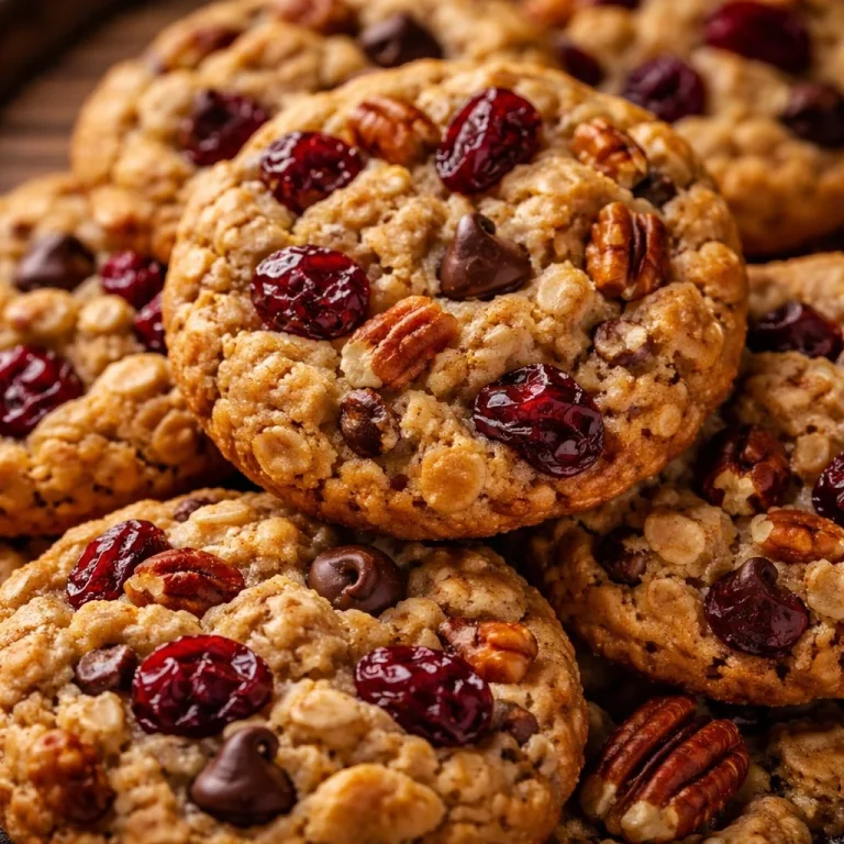Homemade oatmeal cranberry pecan cookies on a rustic wooden table