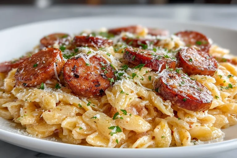 One-Pan Cheesy Kielbasa Pasta served in a skillet with fresh herbs