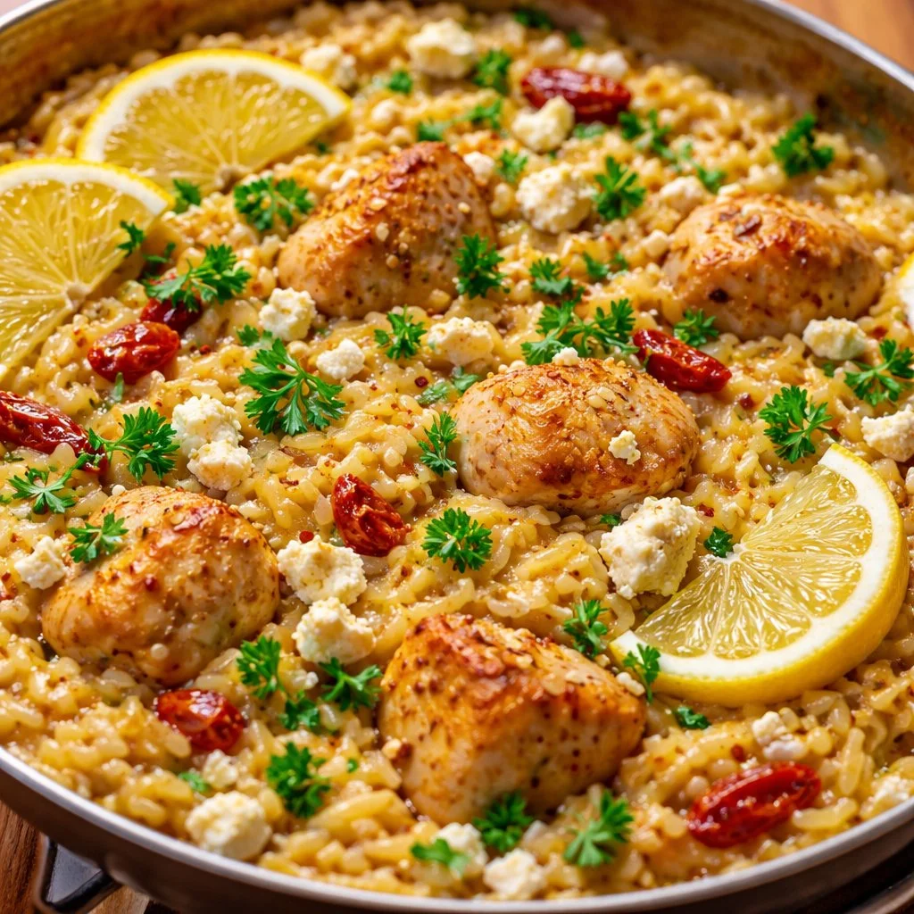 One-pot feta lemon chicken orzo plated with fresh herbs and lemon slices