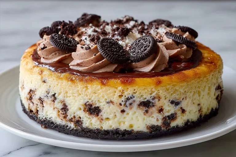 Slice of Oreo Cheesecake topped with crushed Oreos and whipped cream