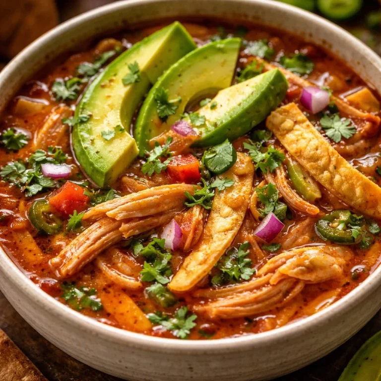 Bowl of Paleo Chicken Tortilla Soup topped with fresh avocado and cilantro