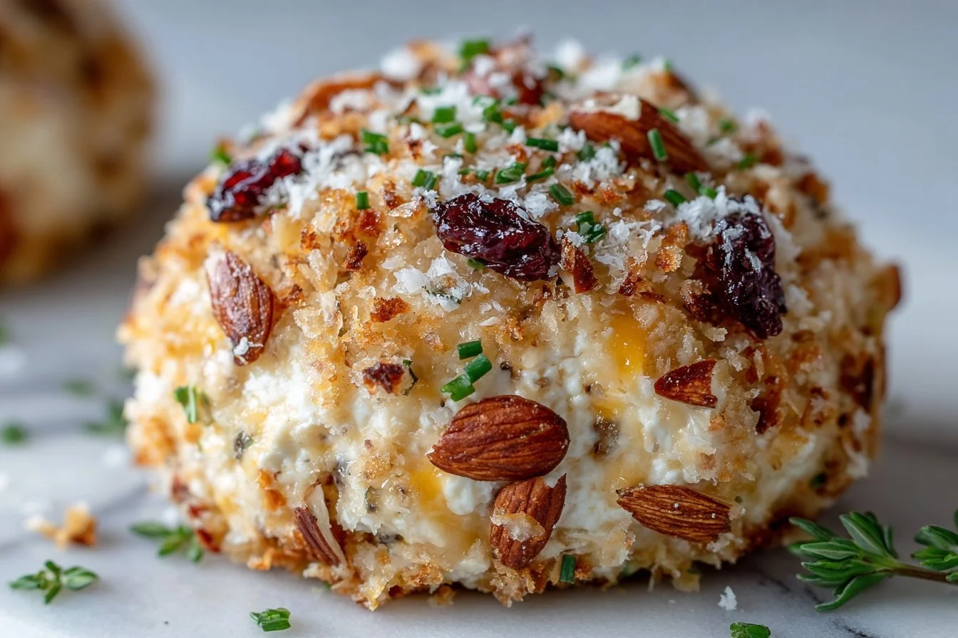 Delicious party cheese ball with goat cheese and almonds served on a platter