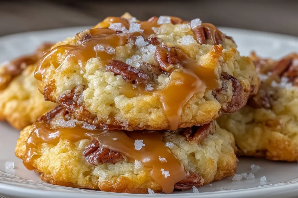 Pecan caramel cookies featuring pecans and rich caramel drizzle.