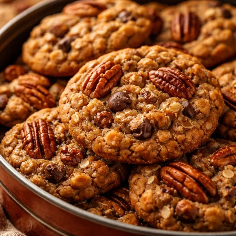 Homemade Pecan Oatmeal Cookies on a baking tray with pecans and oats.