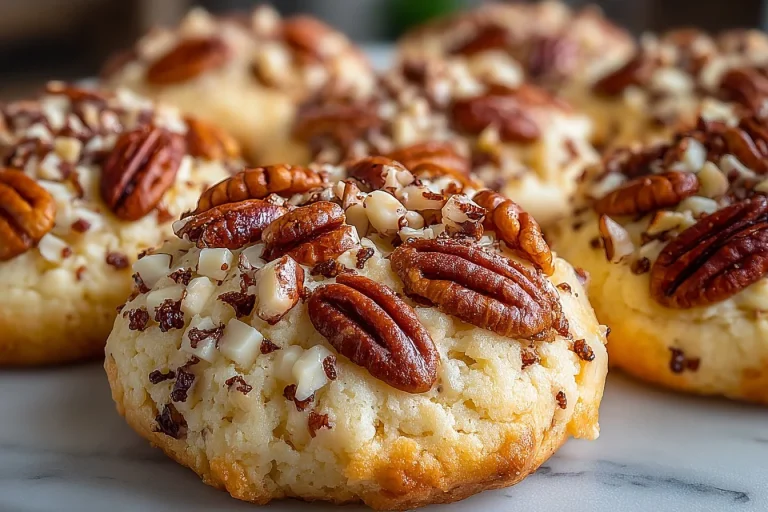 Freshly baked Pecan Sandies cookies on a cooling rack.