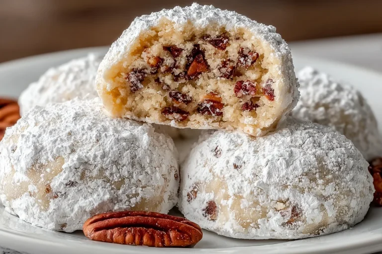 Delicious Pecan Snowball Cookies dusted with powdered sugar on a plate.