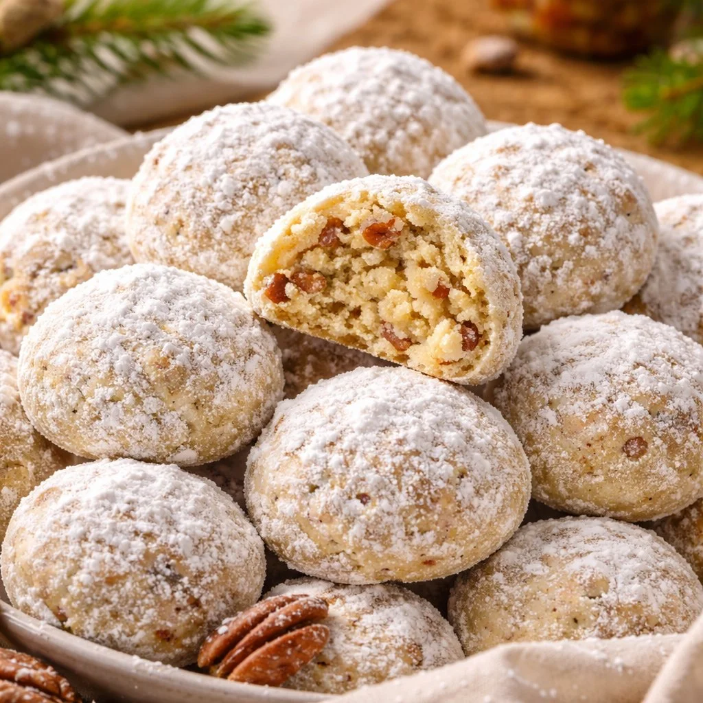 Plate of freshly baked Pecan Snowball Cookies with powdered sugar