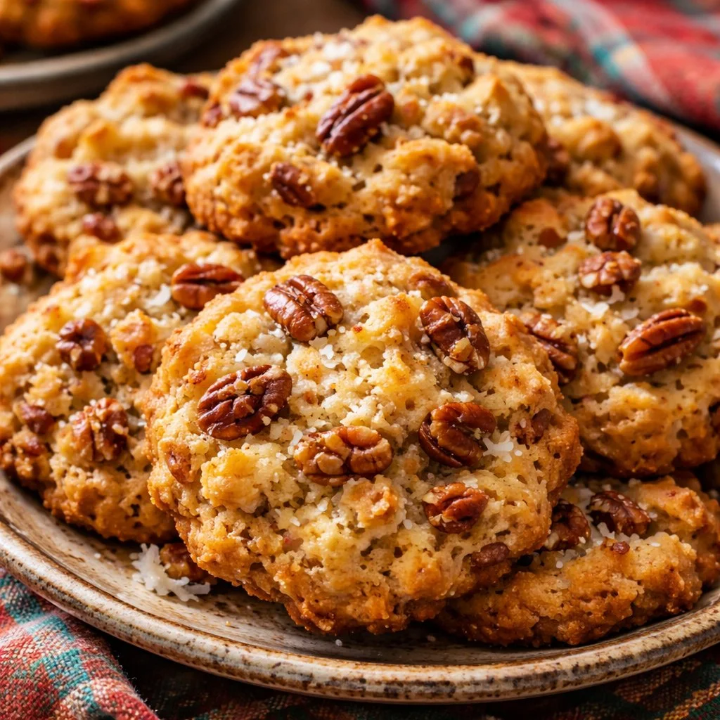 Delicious coconut cookies with pecans on a wooden plate