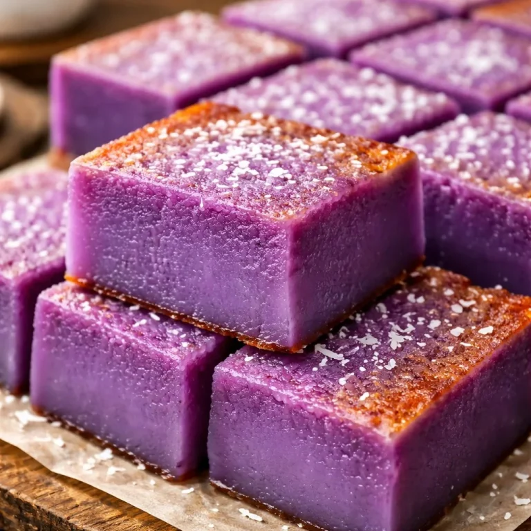 A slice of purple yam butter mochi on a plate, showcasing its vibrant color and texture